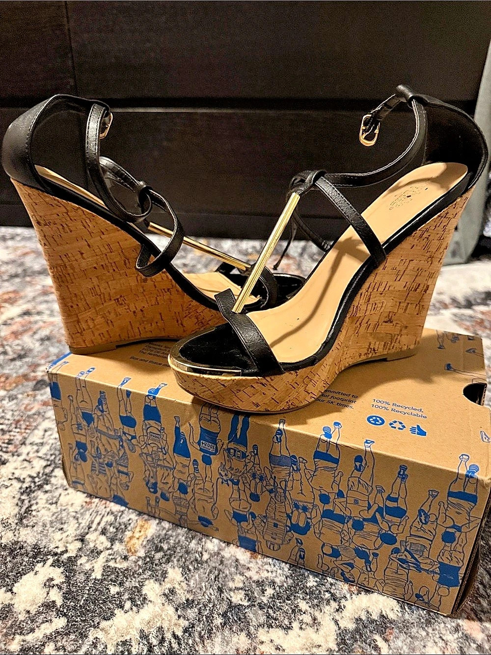 Charlotte Russe Cork Wedge Sandals in Black & Brown US 8 Like New